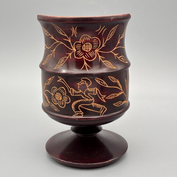 Vintage Hand-Carved Wooden Pitcher with Etched Floral Design on Pedestal Base - Picture 3 of 8